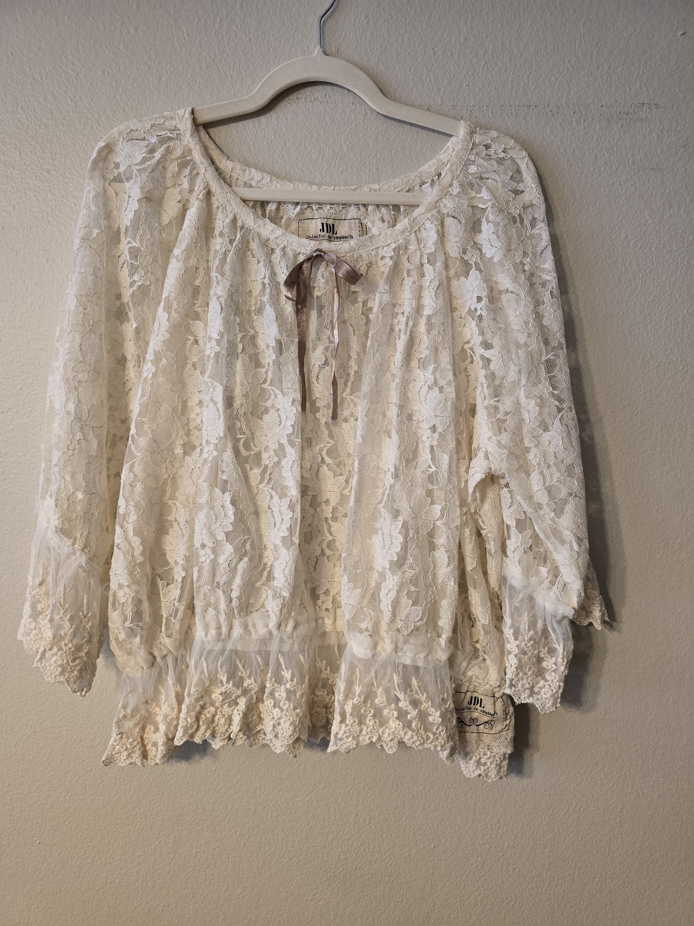 JDL Cream Lace Peasant Blouse with Ribbon Tie